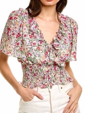 ASTR The Label Flutter Sleeve Top in Ivory Coral Multi Floral